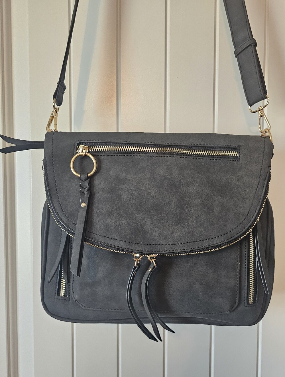 Dark Gray Crossbody Bag with Gold Hardware
